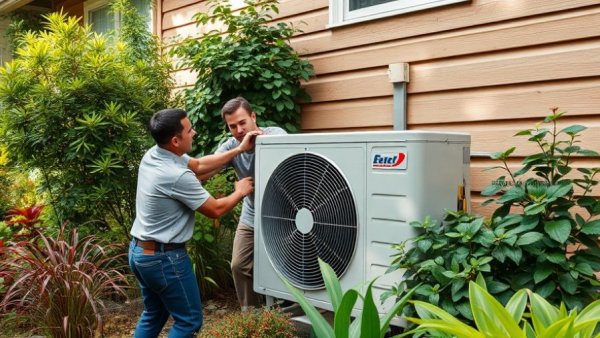 Men installing HVAC unit with garden plants, showcasing over-the-air updates.