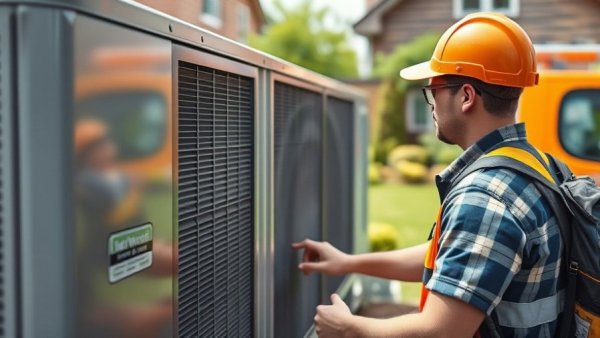 HVAC technician inspecting unit in garden, Electrification Laws HVAC Contractors