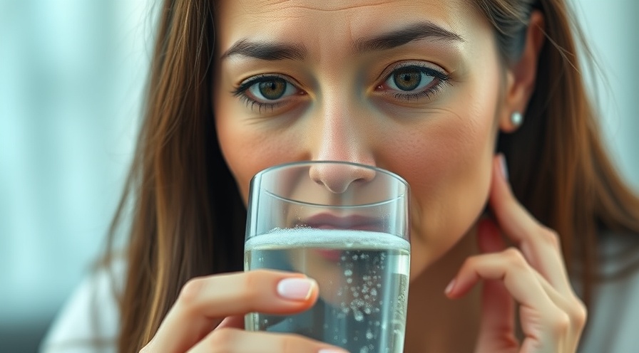 Concerned woman sipping water, illustrating dehydration symptoms and hydration tips.