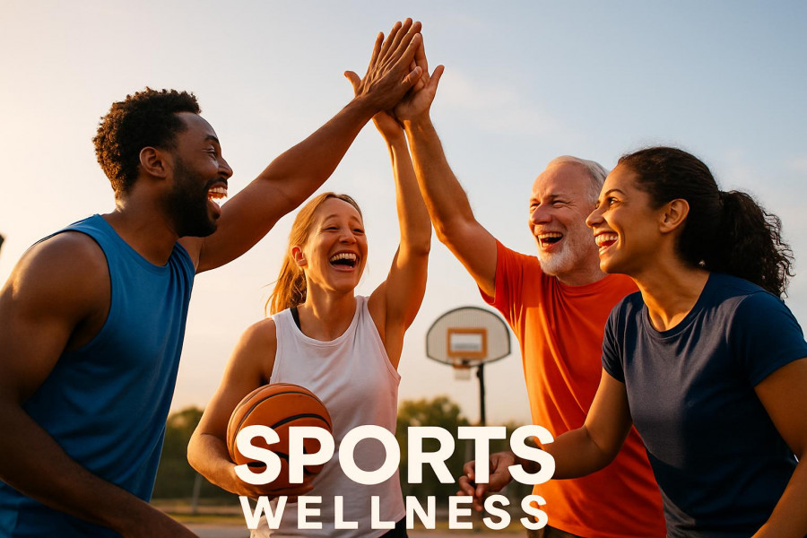 Diverse adults playing basketball outdoors, showcasing joy and teamwork in warm sunlight.