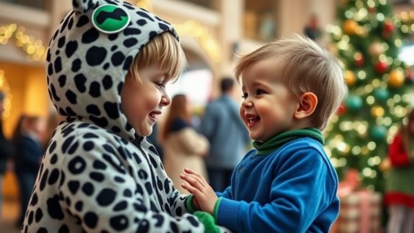 Joyful child interacts with costumed character at Happy Joe's Charity of the Month event.