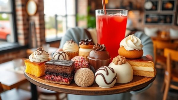 Close-up of assorted Café 86 delights and red iced drink, showcasing unique treats.