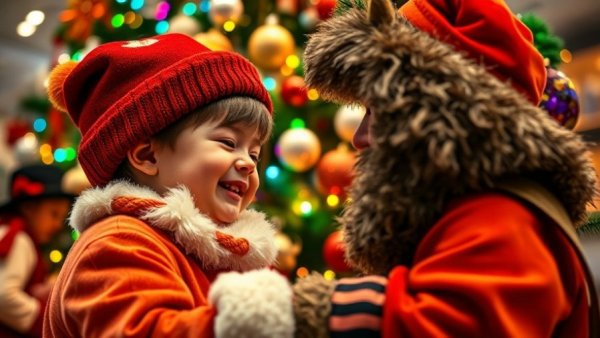 Festive interaction with costumed character at charity event.