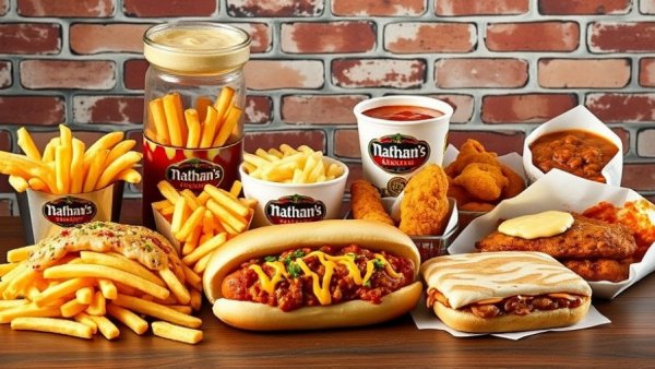 Nathan's Famous Tucson menu items with fries, hot dogs, and sandwich.