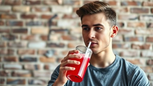 Young man enjoying a vibrant red drink, best vegan creatine 2026, indoors.