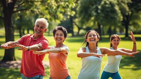 Family enjoying active games in the park, stretching and smiling.