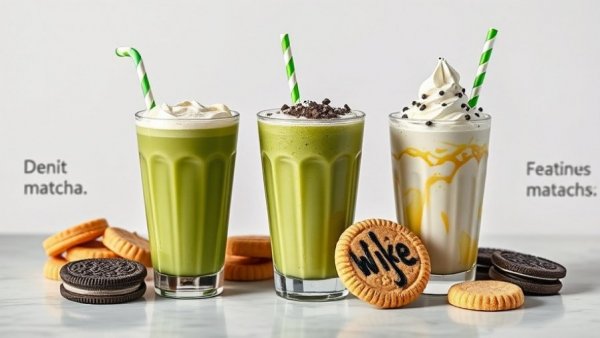 Tempting matcha beverage lineup with iced latte and Oreo shake.
