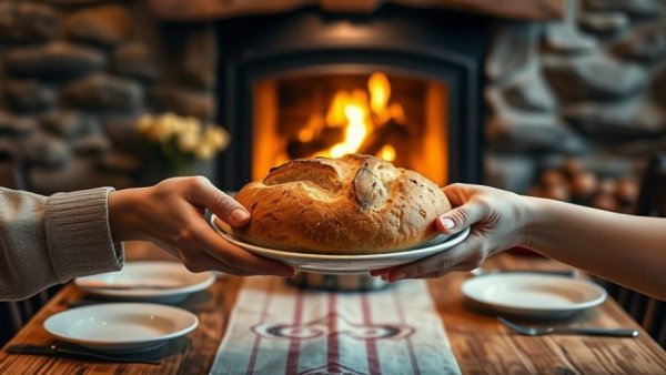 Warm dining scene at La Madeleine restaurant with bread near a fireplace.