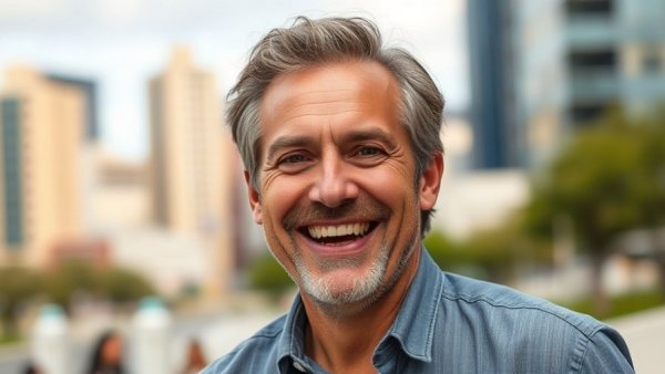 Smiling man outdoors in navy jacket, daytime.