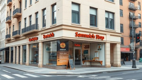 Exterior of a modern sandwich shop on urban street corner.
