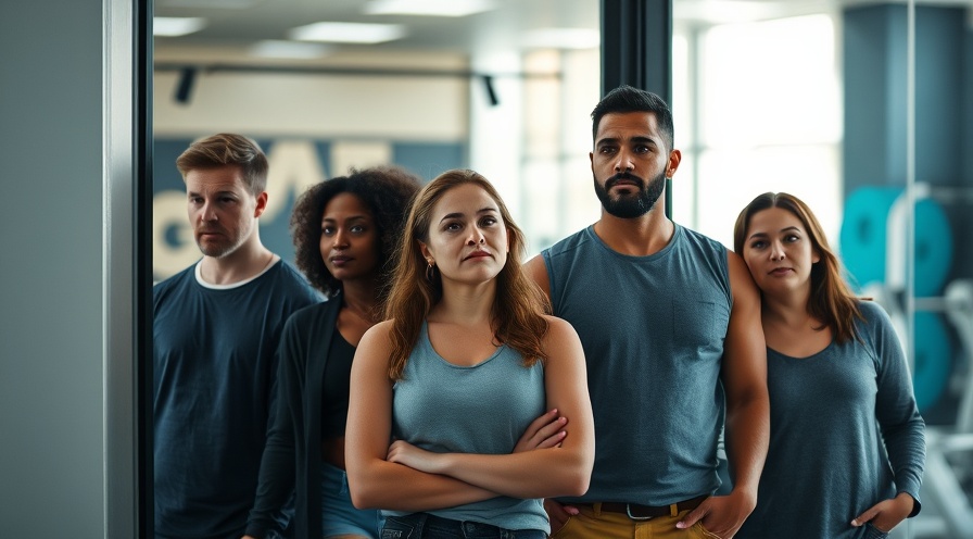 Diverse individuals at a gym entrance showcase mixed emotions in fitness journey.