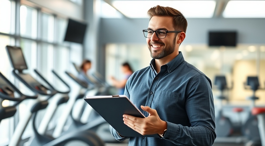 Confident gym manager adjusting class schedules, engaging staff in a bright fitness community.