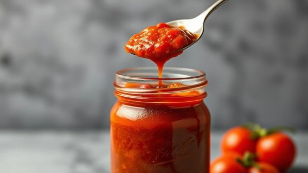 Rich homemade pizza sauce in a glass jar with a spoon.