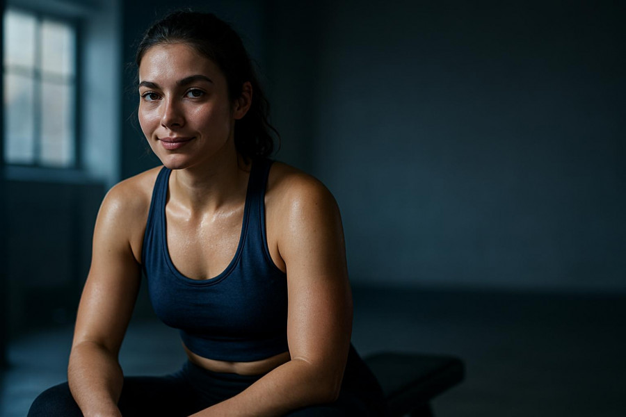 Determined young woman post-workout, showcasing sustainable fitness goals.