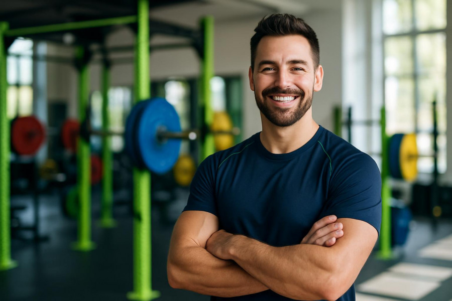 Energetic gym owner smiles confidently, embodying local partnerships in fitness.