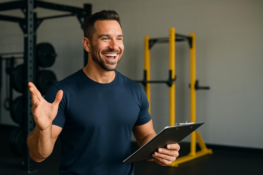 Energetic gym owner leading effective gym management with clipboard in hand.