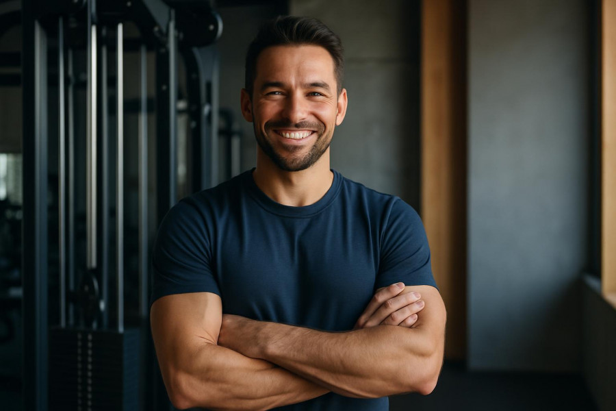 Confident gym owner in a nurturing environment, embodying fitness confidence.