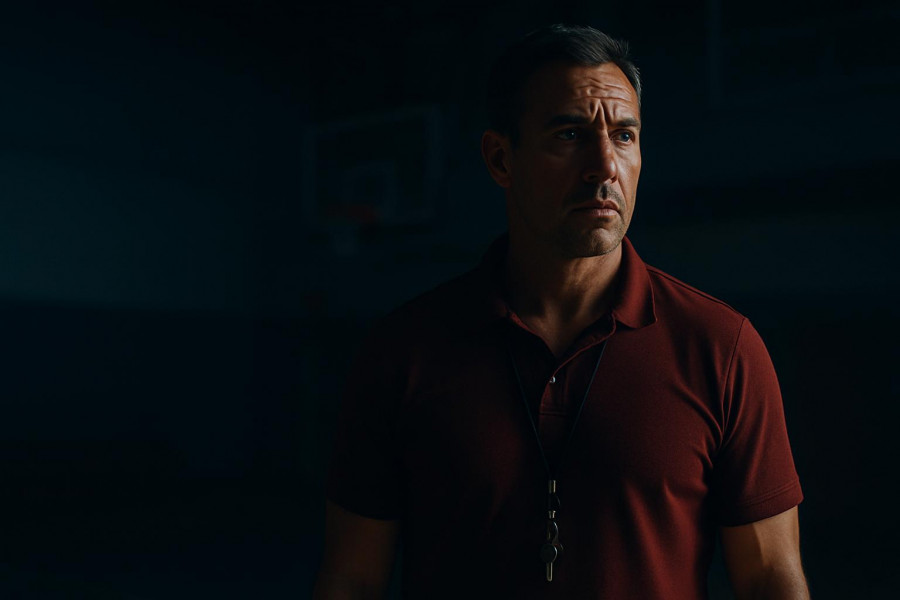 Dramatic portrait of a concerned athletic coach in a dim gym, embodying fitness ethics.