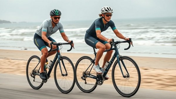 Cyclists performing orthopedist recommended cardio workouts by the beach.