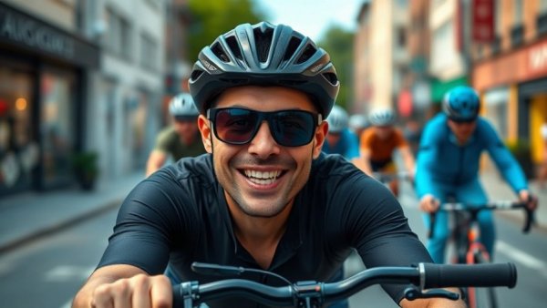 Cyclist with prescription sunglasses, outdoor wellness event, street ride.