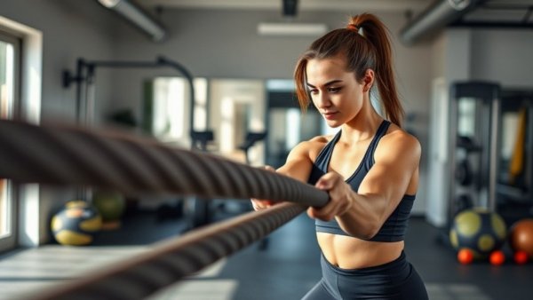 Home gym garage essentials with woman using battle ropes.