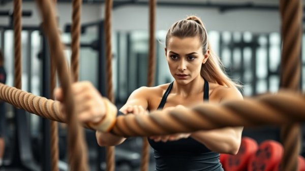 Woman practicing battle ropes exercise for improving functional strength.
