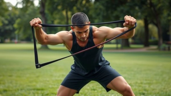 Athlete stretches with resistance band outdoors for exercise therapy for peripheral artery disease.