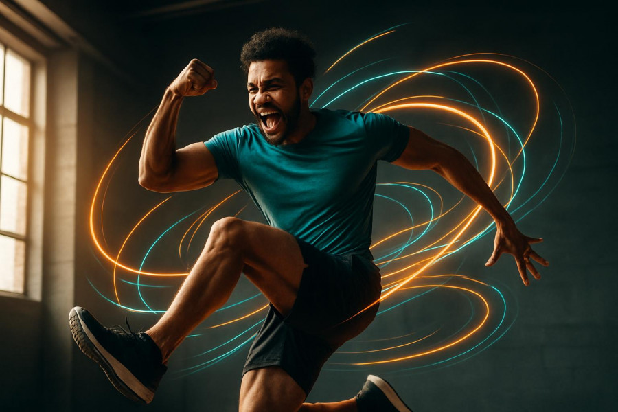 Athletic individual mid-jump with energy lines, showcasing fitness supplements for enhanced gym performance.