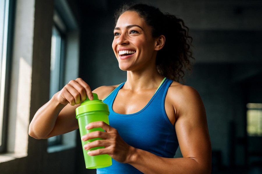 Athletic woman preparing a drink shaker for an energy boost for workouts.