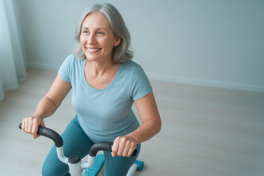Smiling woman using a mini stepper, promoting low-impact exercise for osteoarthritis.
