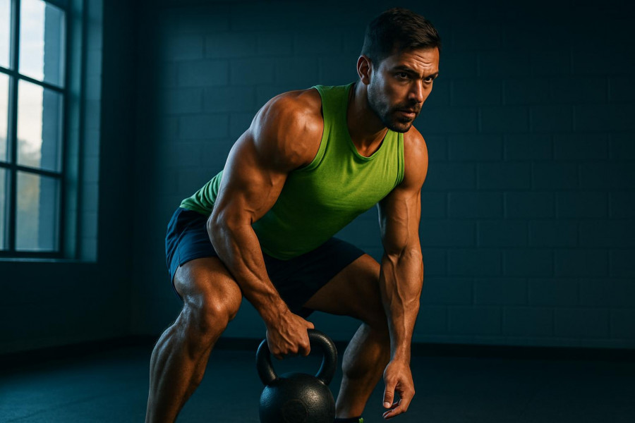 Athletic individual performing strength training exercises with kettlebell in early morning gym