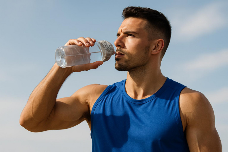 Confident athlete drinking water, highlighting electrolyte powders for hydration.