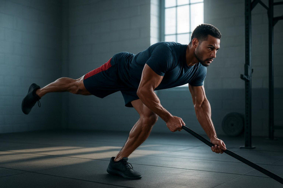 Athletic individual performing single-leg Romanian deadlift for hamstring exercises in a gym.