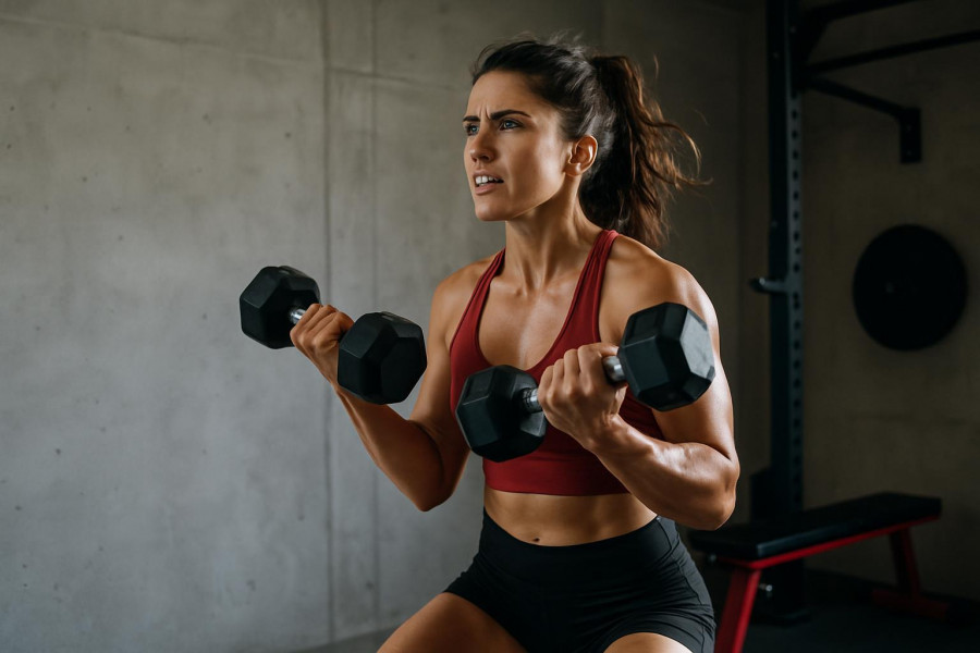 Fit woman mid-rep lifting dumbbells in a bright garage gym, embodying fitness motivation.