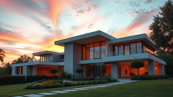 Modern home showcasing energy-efficient design during sunset.