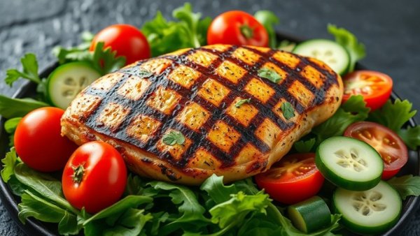 Essential foods like grilled chicken and salad for a transformation diet.