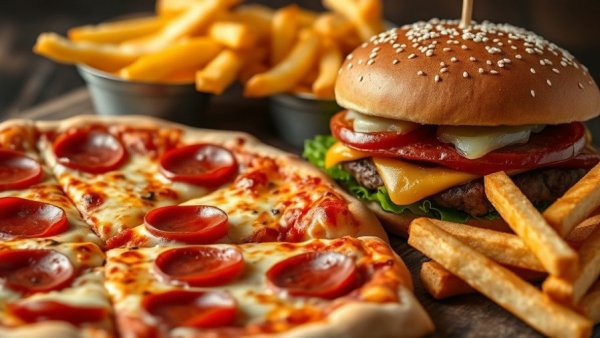 Carbohydrates and Fitness: Close-up of pizza, burger, and fries.