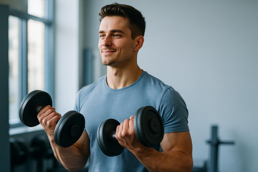 Confident young man lifting dumbbells, showcasing strength training benefits with perfect posture.