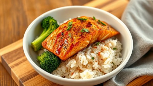 Bang Bang Salmon Recipe with broccoli and rice in a white bowl.