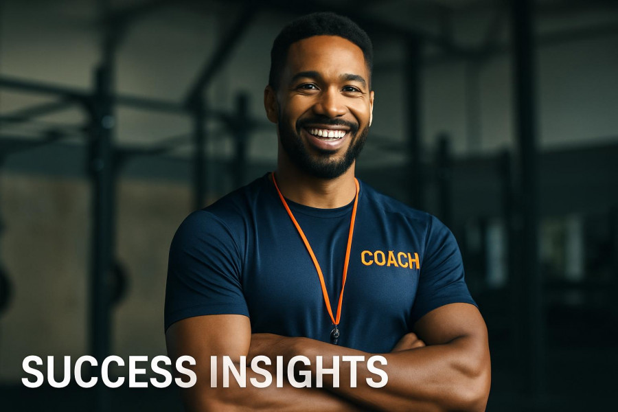 Confident gym owner smiles, showcasing fitness community and personal branding in vibrant colors.