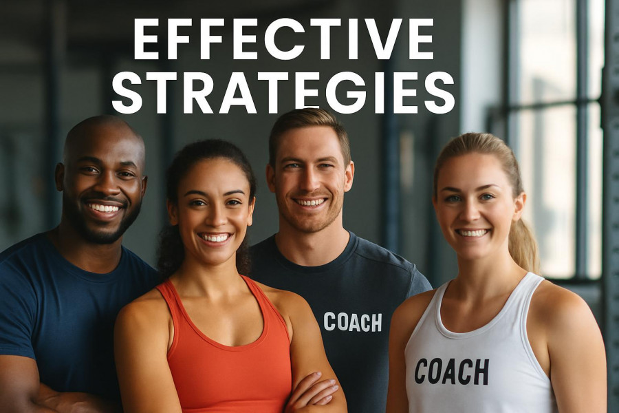 Diverse fitness coaches smiling, highlighting the importance of coaching staff in gym hiring strategies.