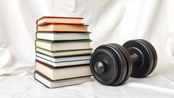 Leadership books and dumbbell symbolizing mental and physical strength.