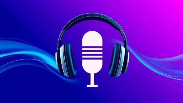 Podcast logo with headphones on blue wave background.