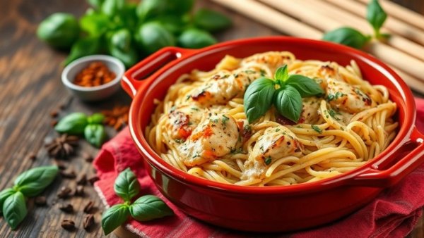 Delicious Tuscan chicken orzo dish in a red baking dish on rustic table.