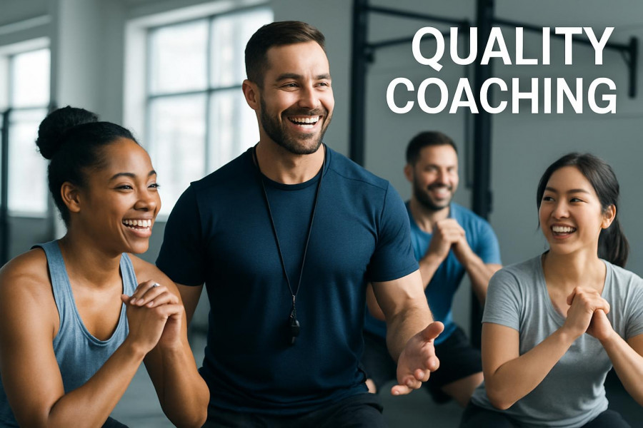 Confident coach leading diverse gym members, showcasing benefits of gym coaching.
