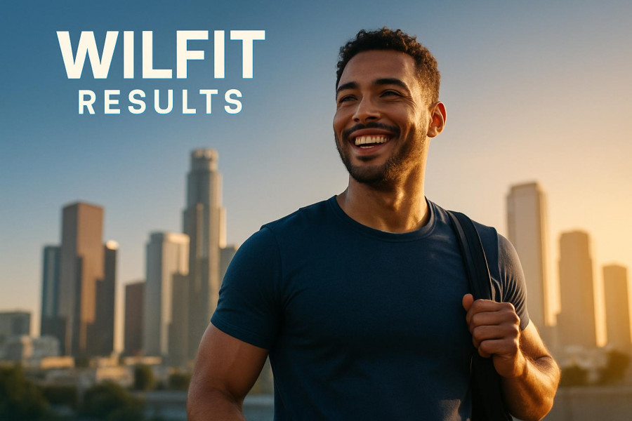 Confident fit professional smiling in LA skyline, golden hour glow.