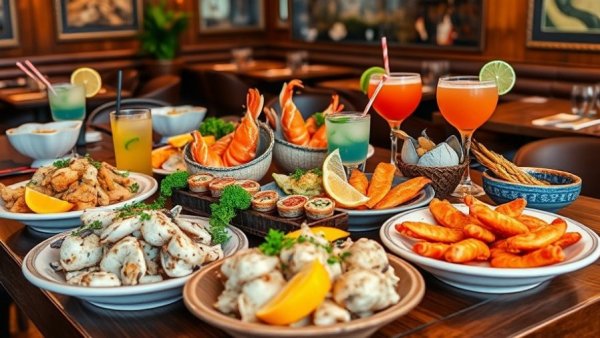 Lent-friendly seafood menu with colorful cocktails on a wooden table.