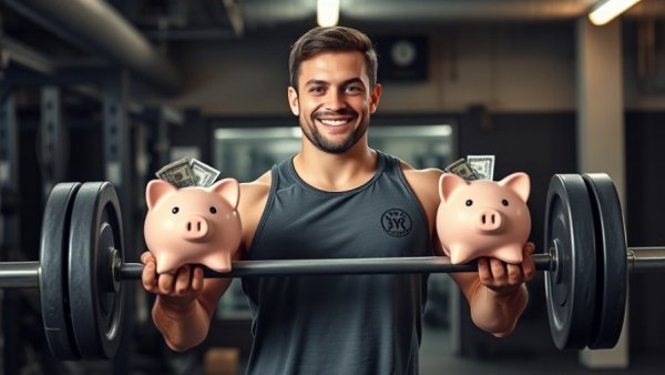 Gym owner demonstrating earnings with piggy bank weights in a gym.