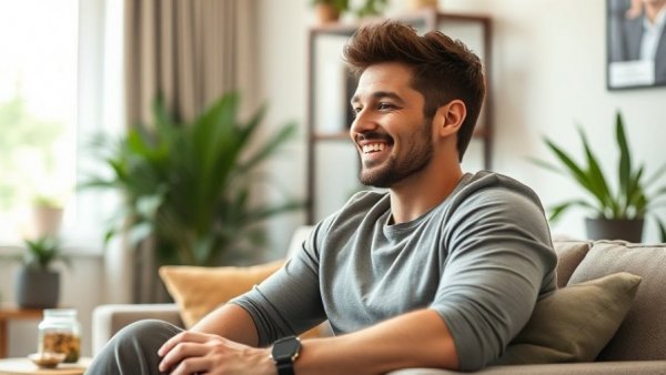 Energetic man in modern living space promoting supplement transparency.