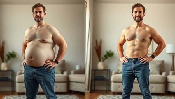 Sustainable fat loss success story showing before and after transformation.
